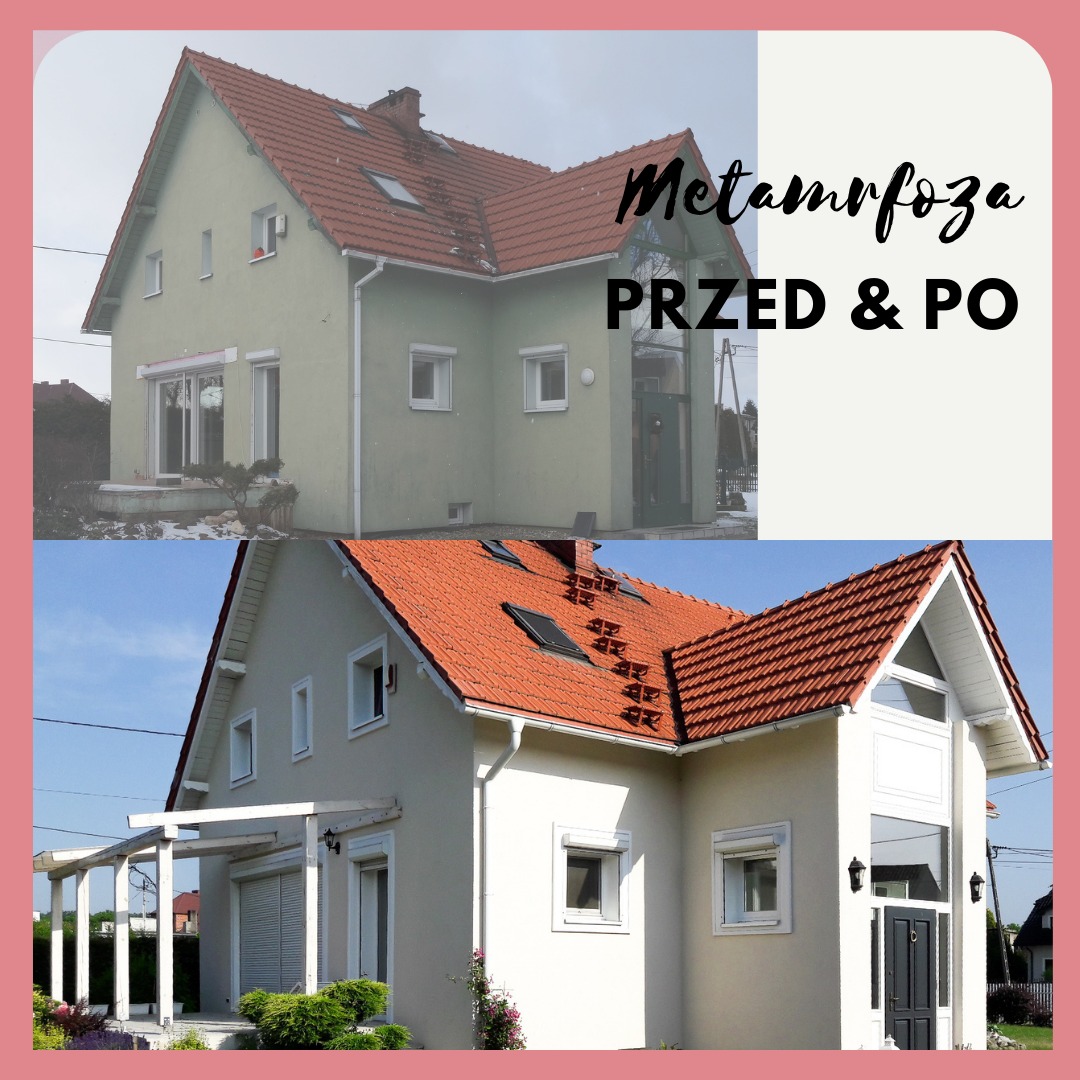 Dom jednorodzinny przed i po renowacji: od zielonego z zarośniętym ogrodem do jasnego z nową elewacją, pergolą i uporządkowanym terenem.