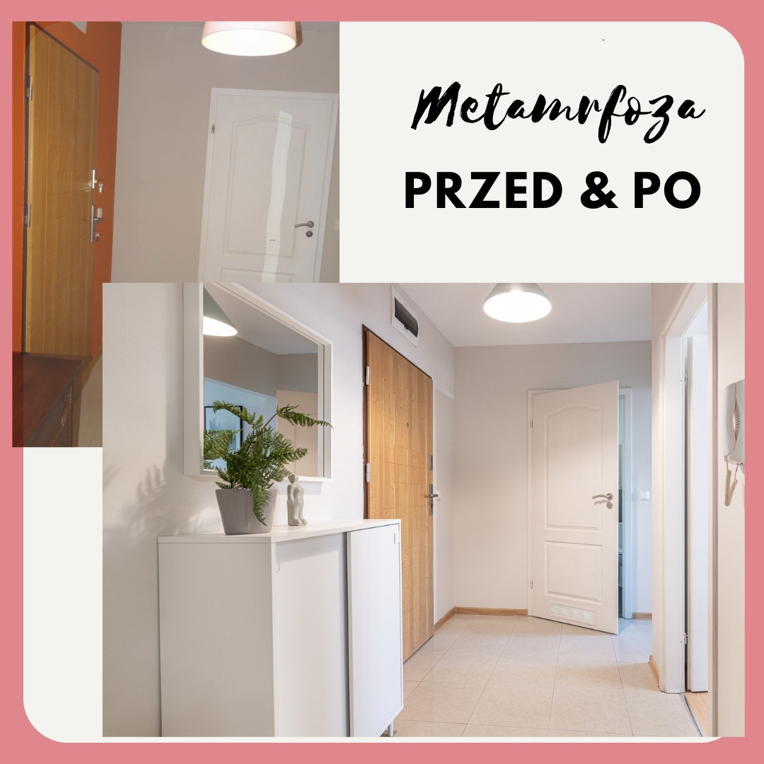 Przedpokój po metamorfozie: zestawienie stanu przed i po remoncie, prezentujące nową drewnianą drzwi wejściowe, białe drzwi wewnętrzne, szafkę z lustrem i rośliną doniczkową, jasną podłogę...