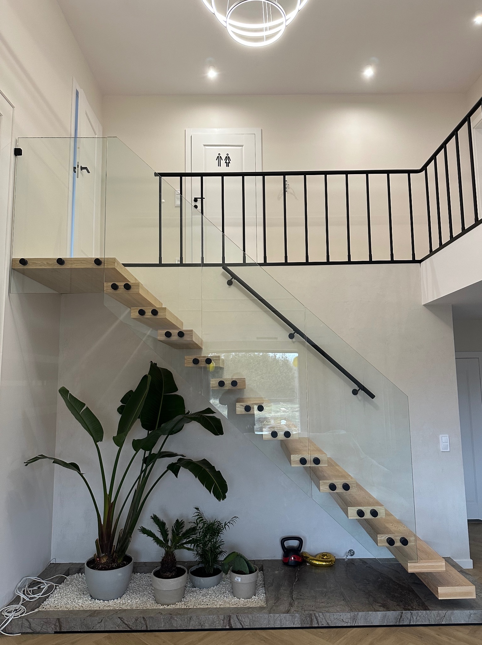 Nowoczesne schody drewniane z przezroczystą szklaną balustradą i czarnymi detalami, uzupełnione roślinami doniczkowymi i dekoracyjnym oświetleniem sufitowym.
