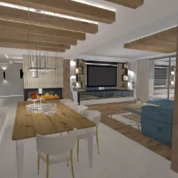 Wizualizacja przestronnego salonu z elementami drewna na suficie i ścianach, długim stołem jadalnym z białymi krzesłami, kominkiem z płomieniami oraz dużym telewizorem na ścianie.