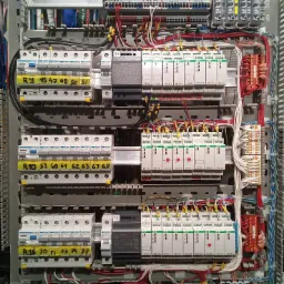 Rozbudowana szafa sterownicza z modułami przekaźnikowymi, bezpiecznikami i złączkami, okablowana w systemie 'gwiazda', widoczne oznaczenia na modułach i przewodach.