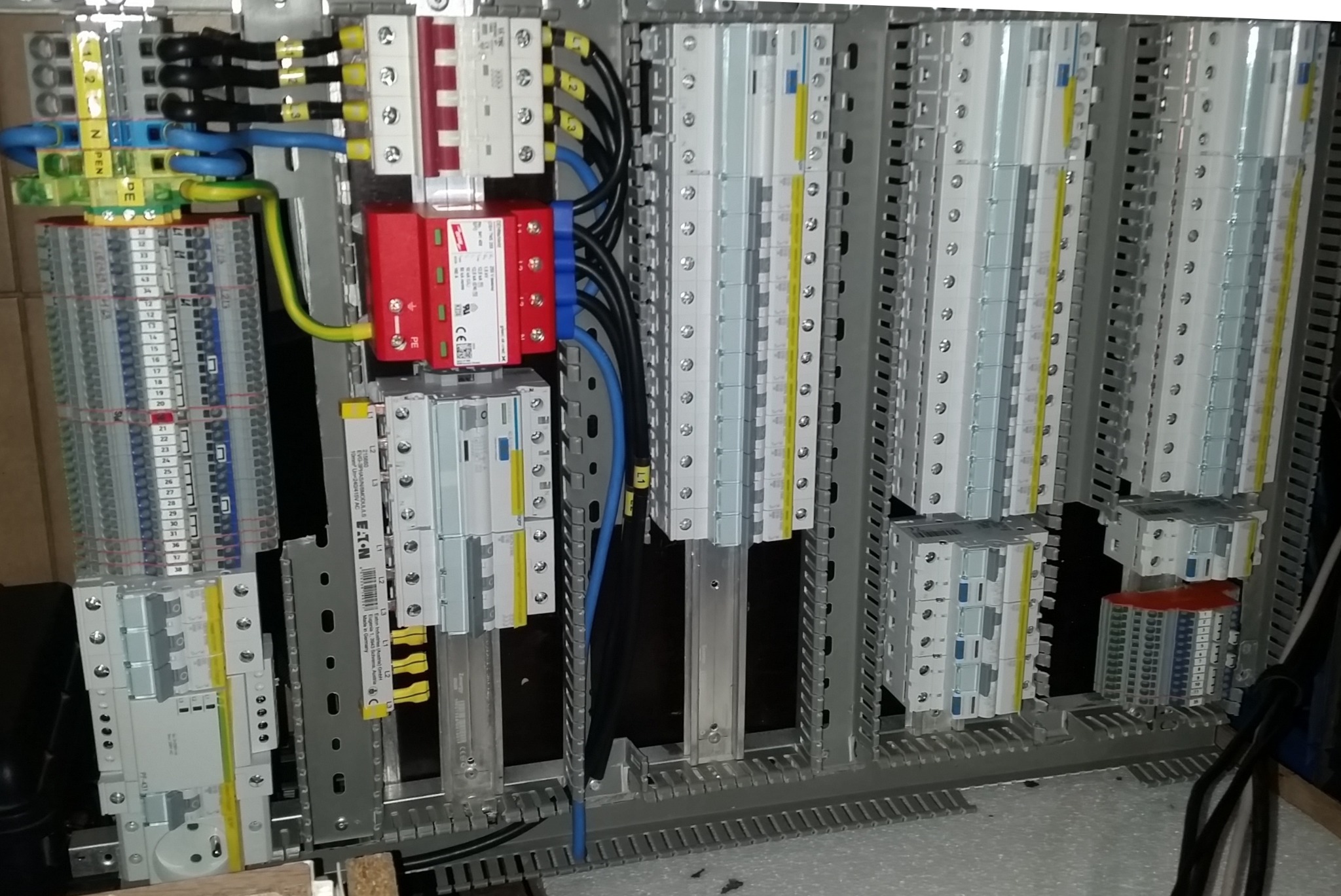 Rozdzielnica elektryczna z widocznymi zabezpieczeniami przeciwprzepięciowymi (czerwone moduły), bezpiecznikami, listwami zaciskowymi i okablowaniem w kolorach: czarnym, niebieskim, żółto-zielonym.