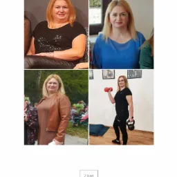 Kolaż zdjęć kobiety przed i po treningach, widoczna zmiana sylwetki, na ostatnim zdjęciu kobieta ćwiczy z hantlą i kettlebellem.