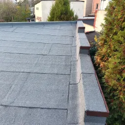 Szary dach pokryty papą termozgrzewalną z widocznymi łączeniami, obok rosnące drzewo iglaste.