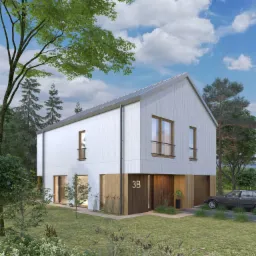 Wizualizacja nowoczesnego, dwukondygnacyjnego domu z białymi panelami elewacyjnymi i drewnianymi akcentami, otoczonego zielenią, z samochodem zaparkowanym na podjeździe i numerem domu '3B'...