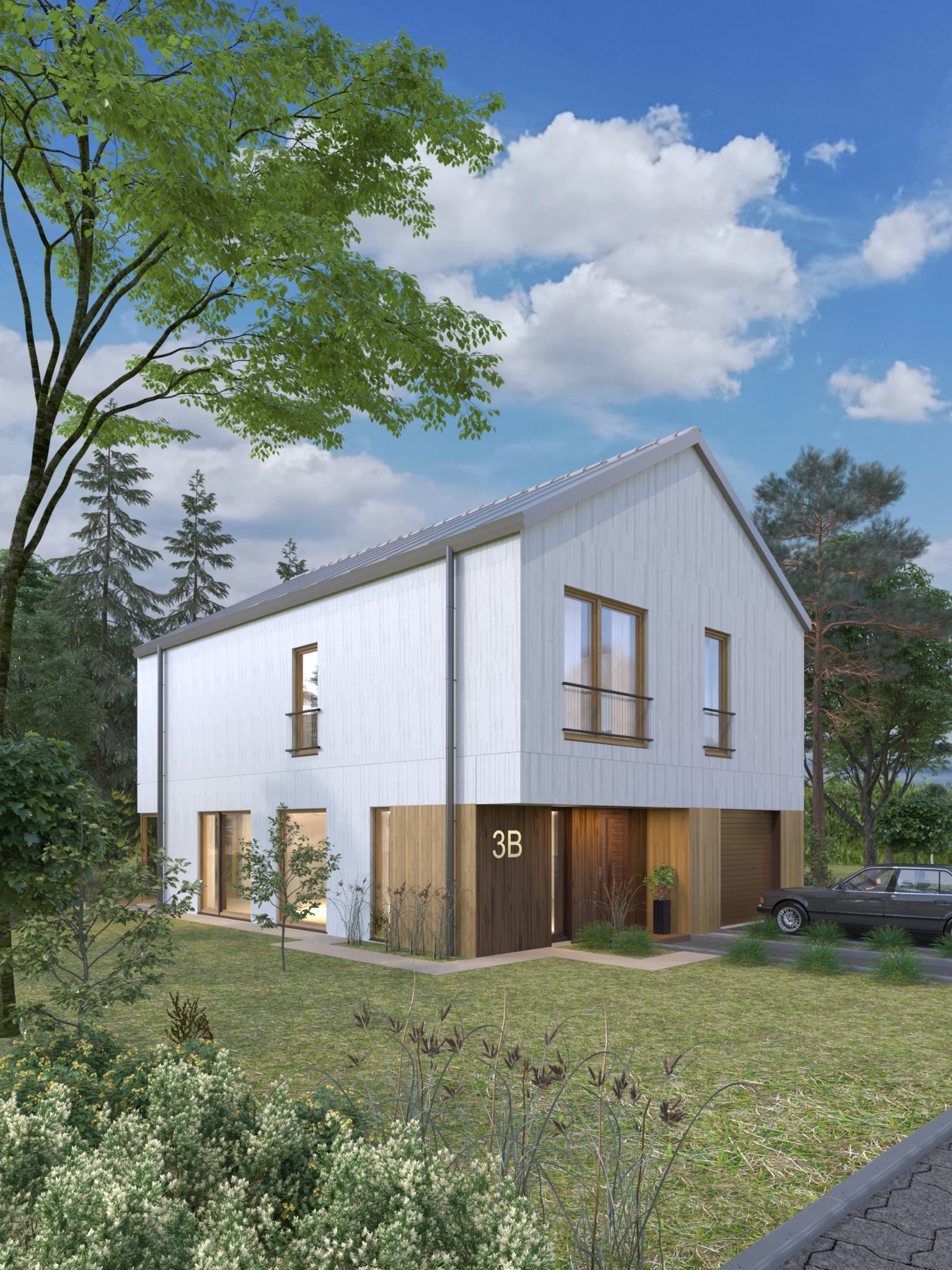 Wizualizacja nowoczesnego, dwukondygnacyjnego domu z białymi panelami elewacyjnymi i drewnianymi akcentami, otoczonego zielenią, z samochodem zaparkowanym na podjeździe i numerem domu '3B'...