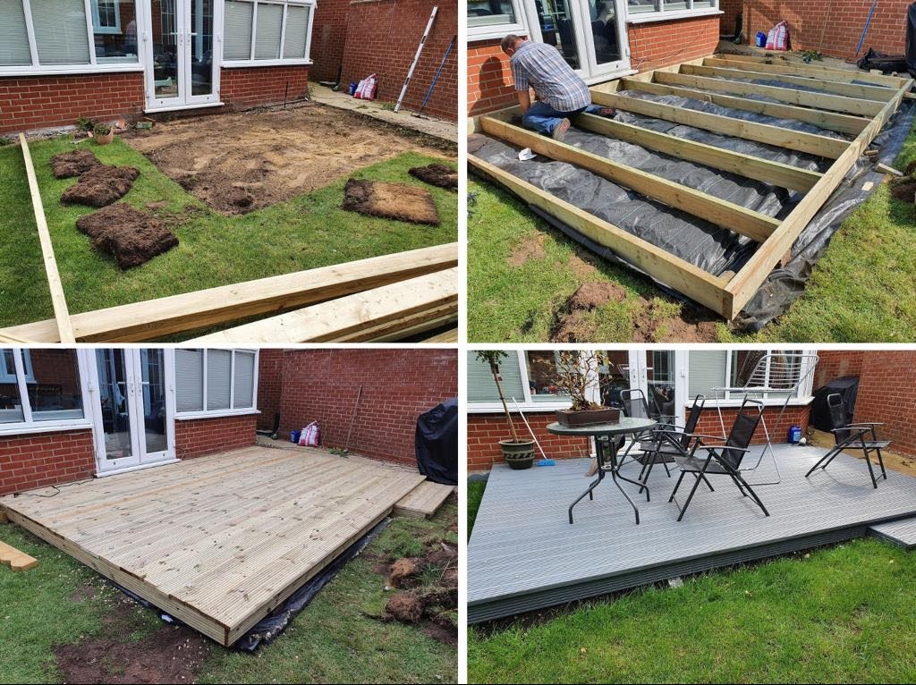 Czteropanelowe zdjęcie przedstawia etapy budowy tarasu: przygotowanie terenu, montaż ramy z drewnianych belek na czarnej folii, ułożenie desek tarasowych, gotowy taras z szarych desek z meblami...