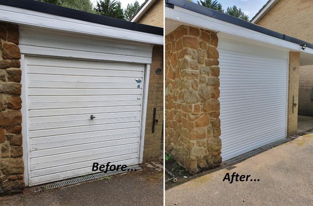 Porównanie stanu garażu przed i po renowacji: stara, biała brama garażowa z widocznymi zabrudzeniami i nowa, czysta brama rolowana w kolorze białym, z odnowioną kamienną elewacją.