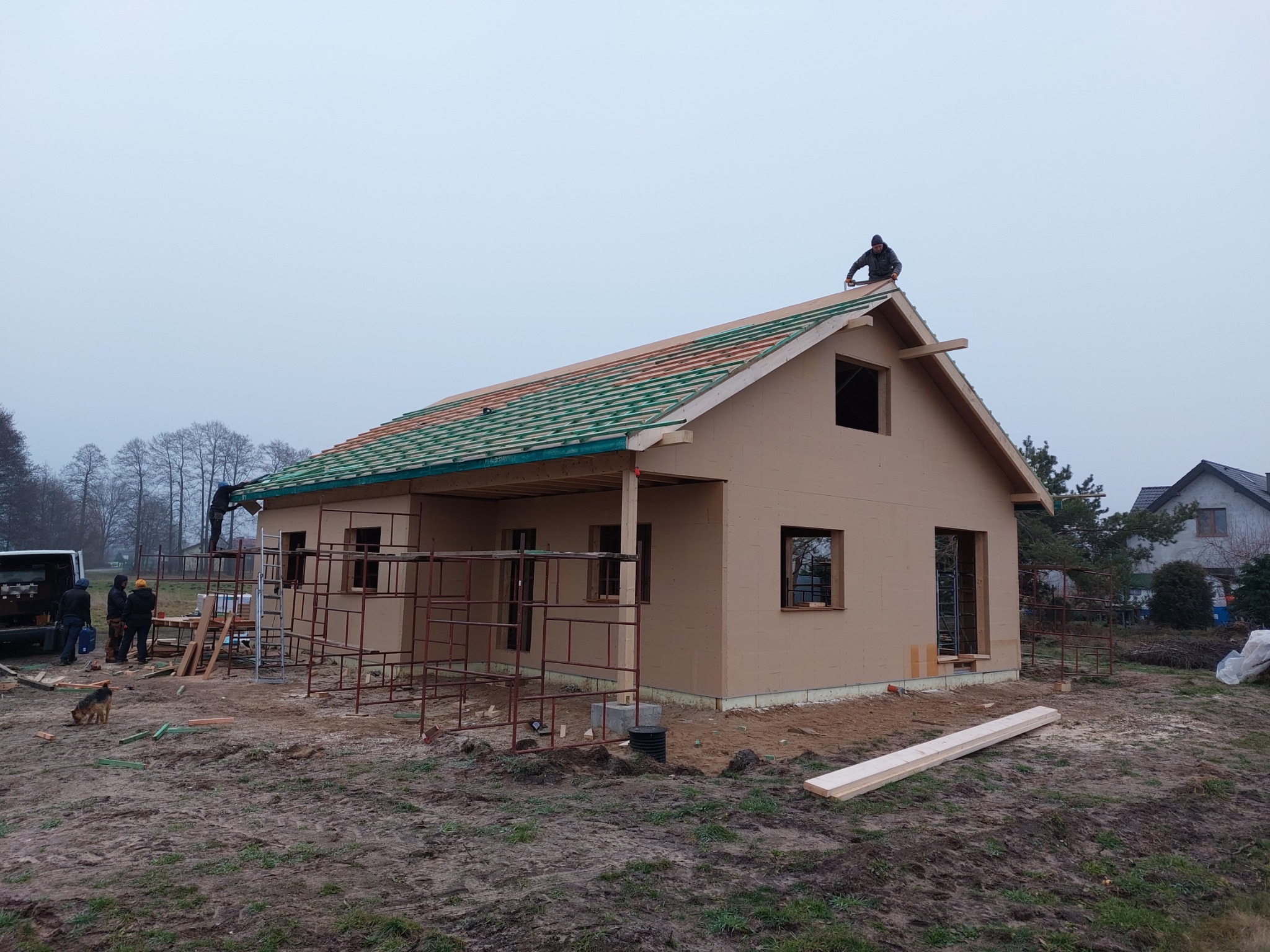 Wznoszenie domu z drewnianą konstrukcją szkieletową; widoczna ekipa budowlana, częściowo wykończony dach z zielonymi łatami, surowa elewacja z otworami okiennymi, rusztowania i pies w pobliżu.