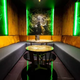 Wnętrze lokalu z oświetleniem neonowym: żółte, tapicerowane ściany, ciemne kanapy, okrągłe stoliki z brokatowym blatem, grafika z motywem dżungli i tygrysa podświetlona zielonym neonem.
