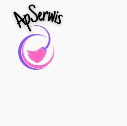 Logo firmy: napis 'ApSerwis' czarną, lekko pochyloną czcionką nad stylizowaną grafiką miotły w okręgu, z różowym włosiem i fioletowym obramowaniem.