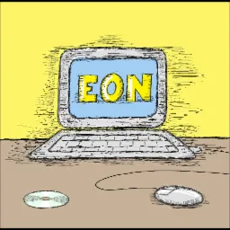 Szkic laptopa z myszką i płytą CD na biurku, na ekranie wyświetlony napis 'EON'.