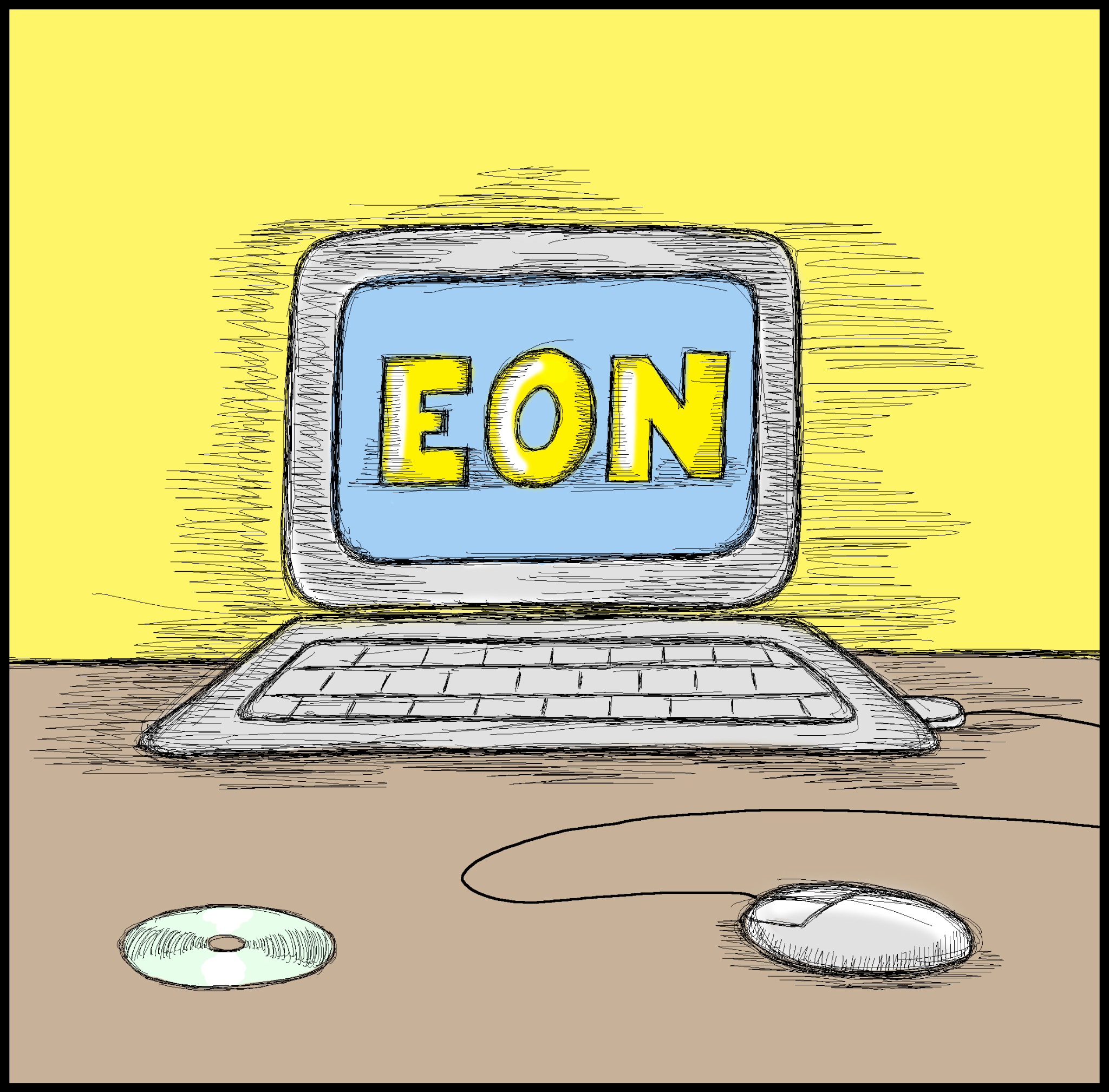 Szkic laptopa z myszką i płytą CD na biurku, na ekranie wyświetlony napis 'EON'.