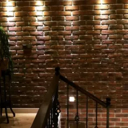 Dekoracyjna ściana z cegły klinkierowej z oświetleniem punktowym, widoczne schody z metalową balustradą i fragment rośliny doniczkowej.