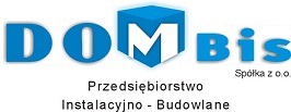 Niebiesko-białe logo firmy DomBis Spółka z o.o., przedsiębiorstwa instalacyjno-budowlanego, z geometrycznym symbolem w tle.