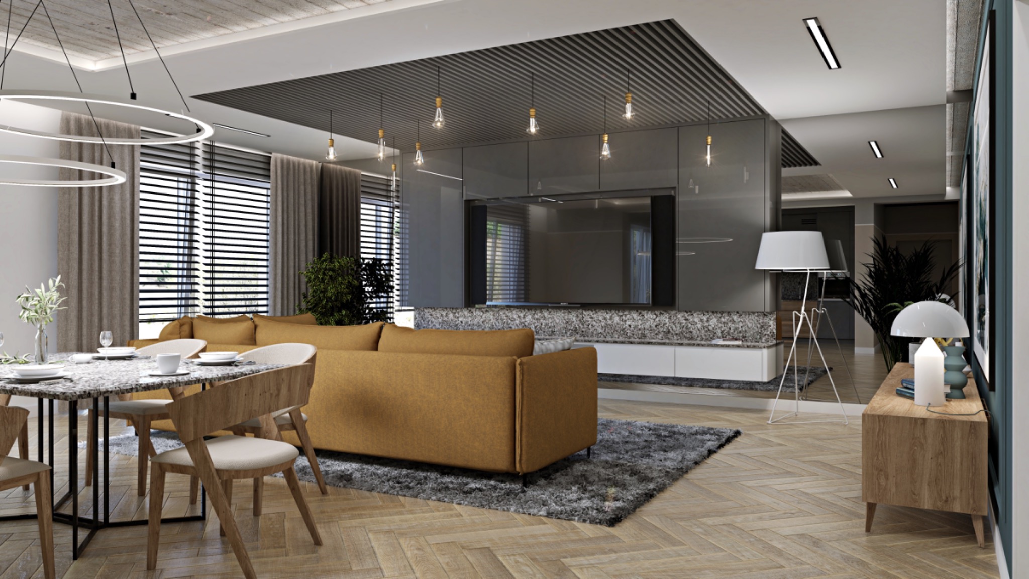 Nowoczesne wnętrze salonu z jadalnią: musztardowa sofa, marmurowy stół jadalny z drewnianymi krzesłami, szary dywan, ściana z telewizorem i podwieszanym sufitem z oświetleniem punktowym, parkiet...