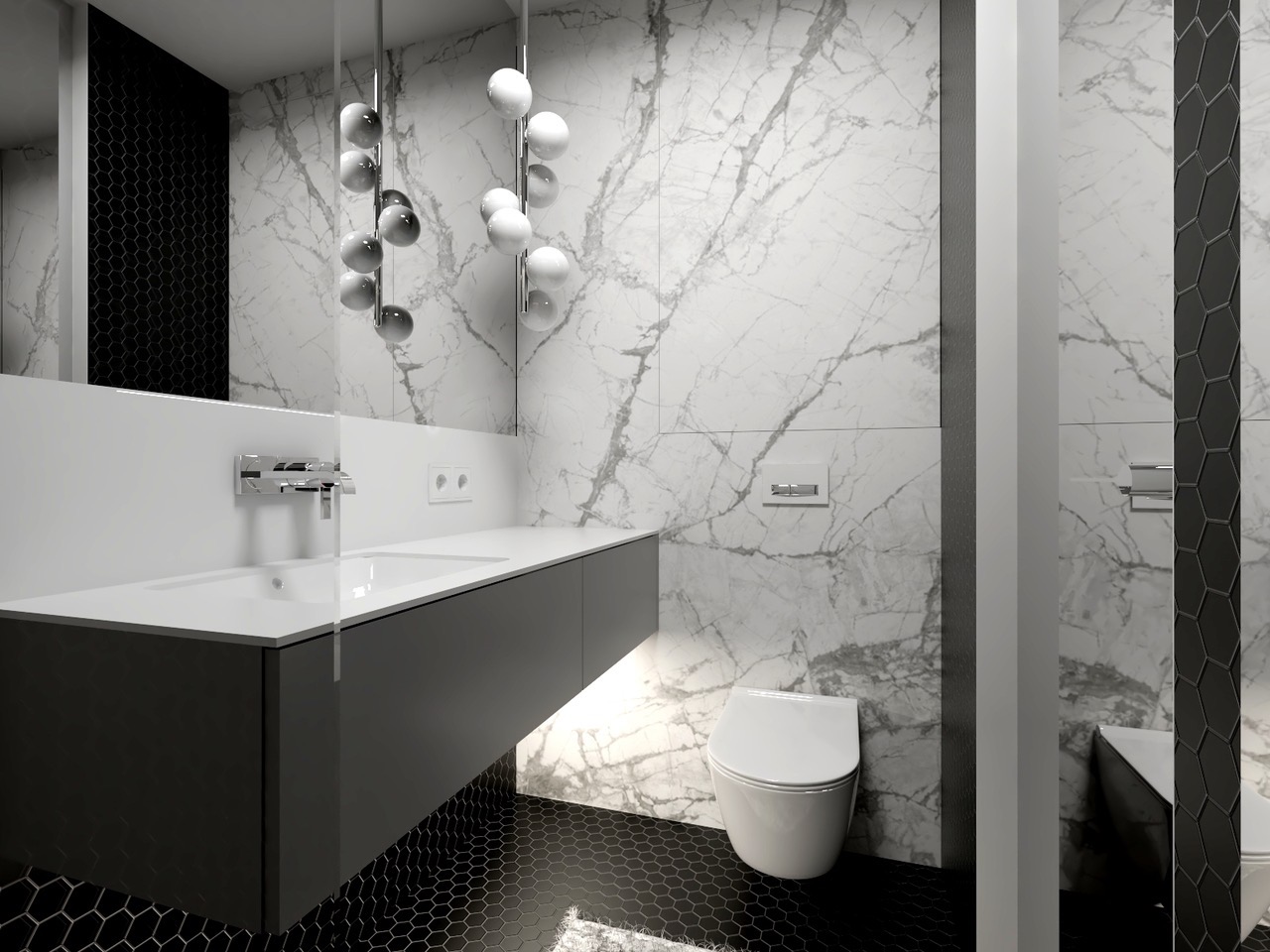 Nowoczesna łazienka z marmurowymi ścianami, czarną mozaikową podłogą, wiszącą szafką z umywalką i dekoracyjną lampą kulkową.
