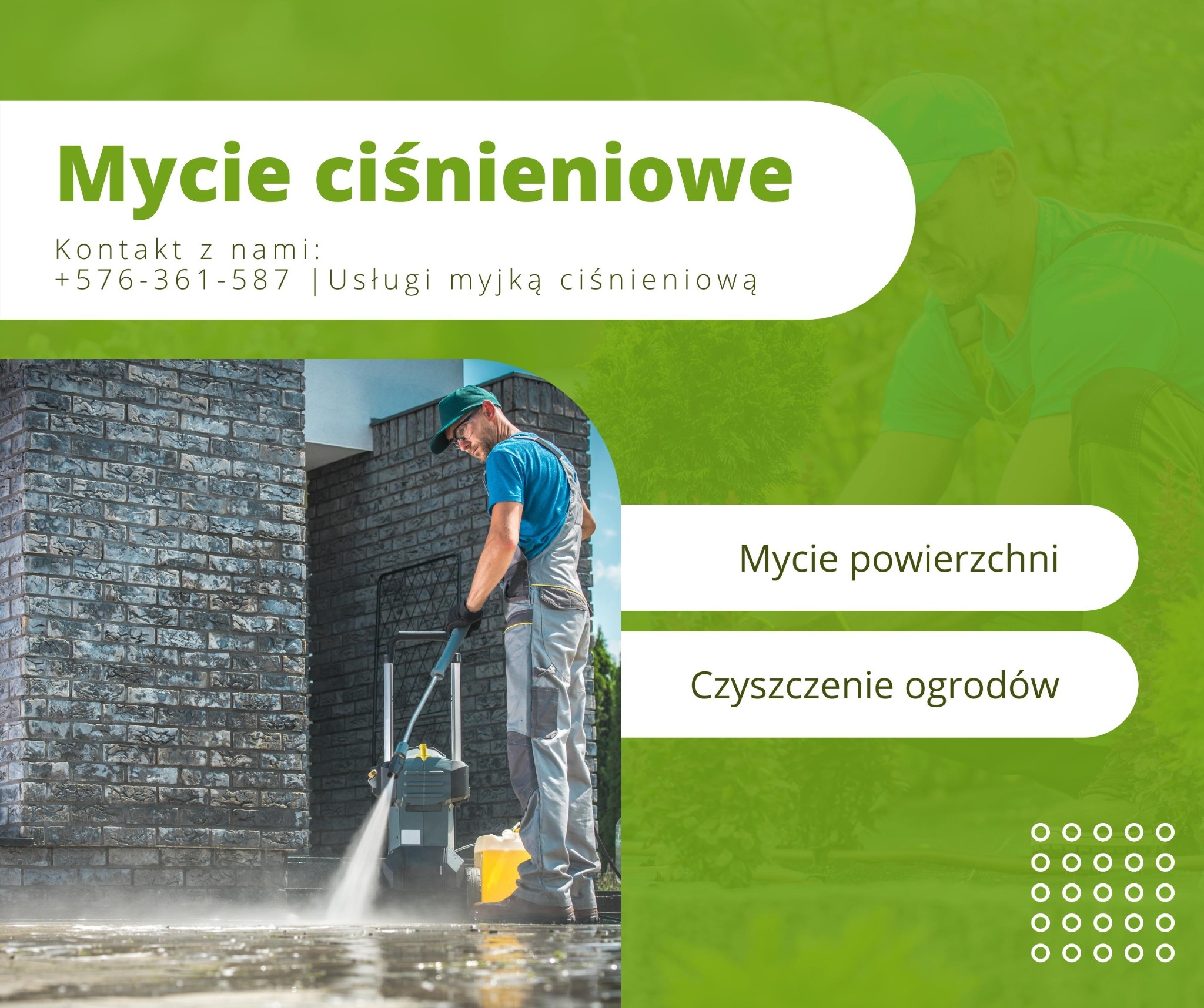 Pracownik w kombinezonie roboczym czyści elewację z cegły myjką ciśnieniową, woda spływa po powierzchni.