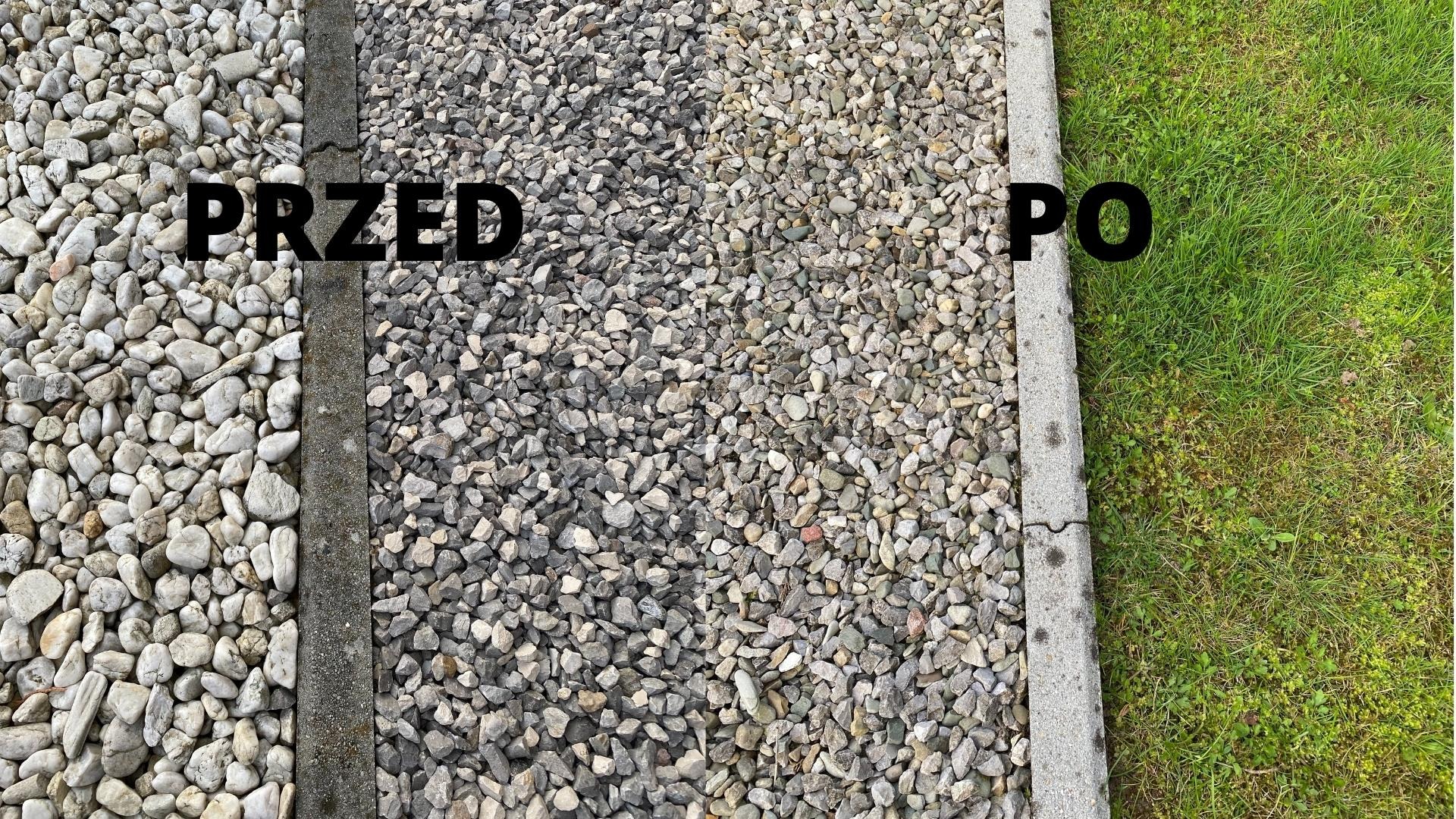 Porównanie stanu nawierzchni z kamienia ozdobnego przed i po czyszczeniu, widoczne różnice w kolorze i czystości kamieni, oddzielone betonową obwódką i trawnikiem.