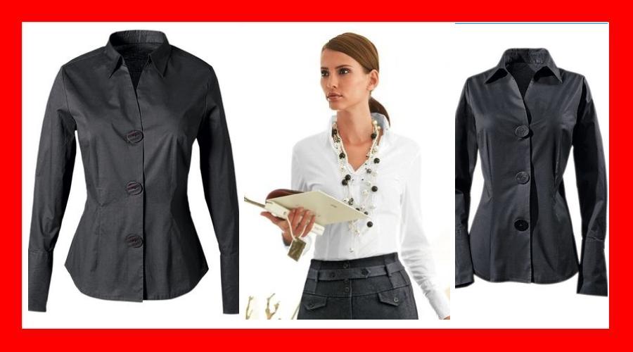 Katalogowe zestawienie: czarna koszula damska z trzema guzikami, kobieta w białej koszuli z długim rękawem i czarną biżuterią trzymająca tablet.