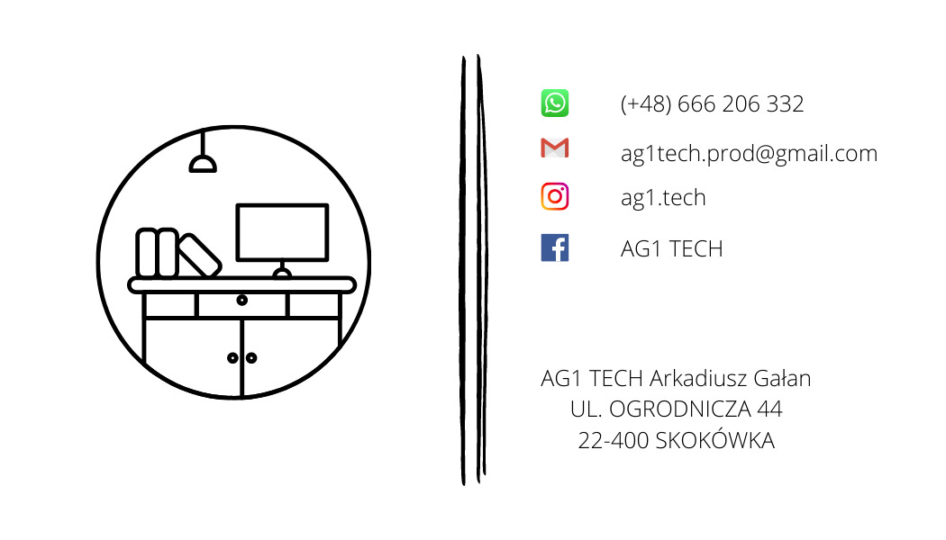 Minimalistyczne logo firmy AG1 TECH przedstawiające biurko z komputerem i książkami w okręgu, obok dane kontaktowe i adres.