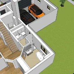 Rzut 3D domu jednorodzinnego z garażem na dwa samochody, widoczne wnętrza: salon z kominkiem, schody, łazienka z wanną, pralka i umywalka. Widok z góry na przekroju, z zaznaczonym ogrodem.