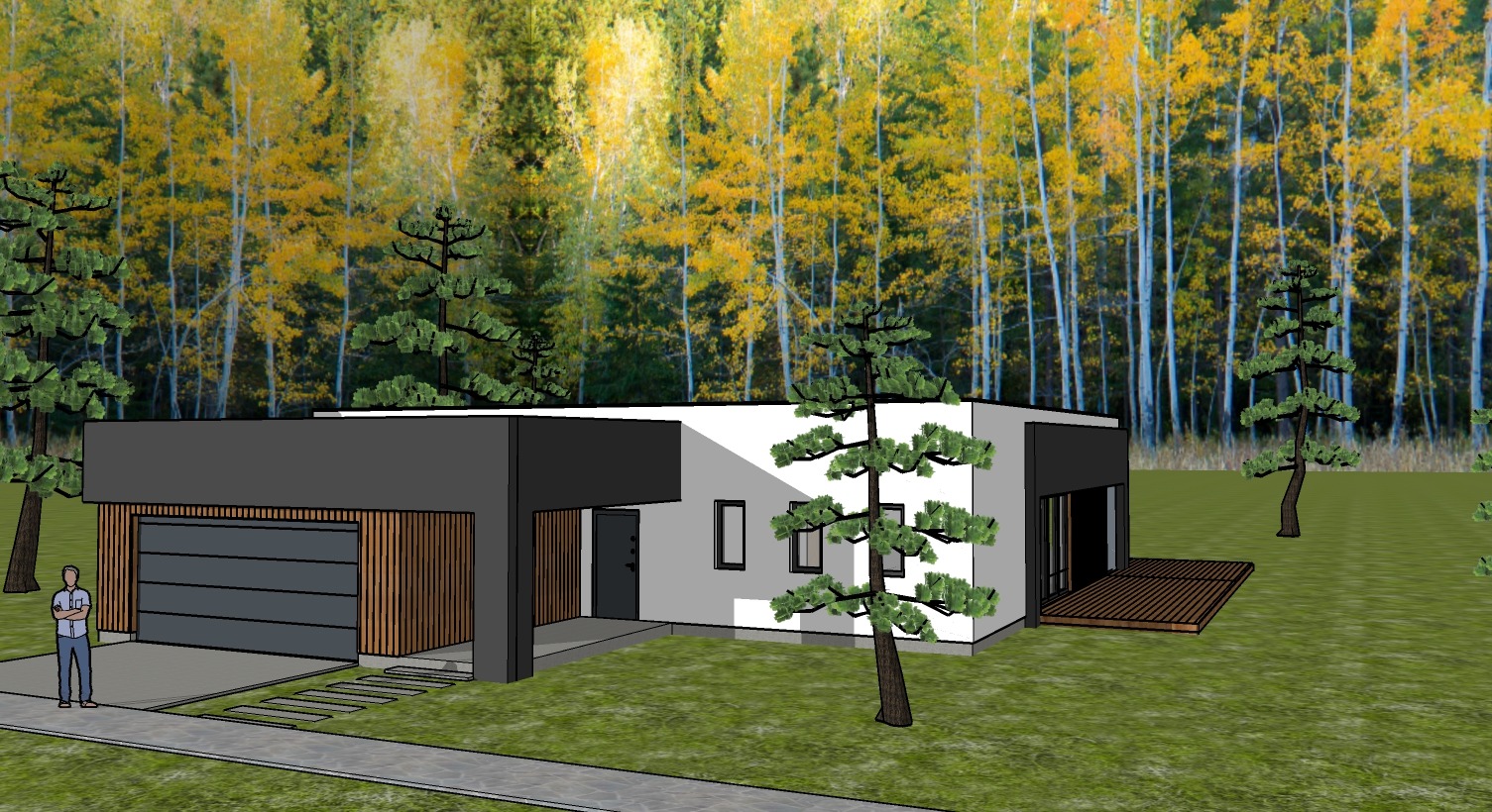 Wizualizacja nowoczesnego, parterowego domu z płaskim dachem i garażem, otoczonego zielenią i drzewami z jesiennymi liśćmi w tle, z widoczną postacią człowieka dla skali.
