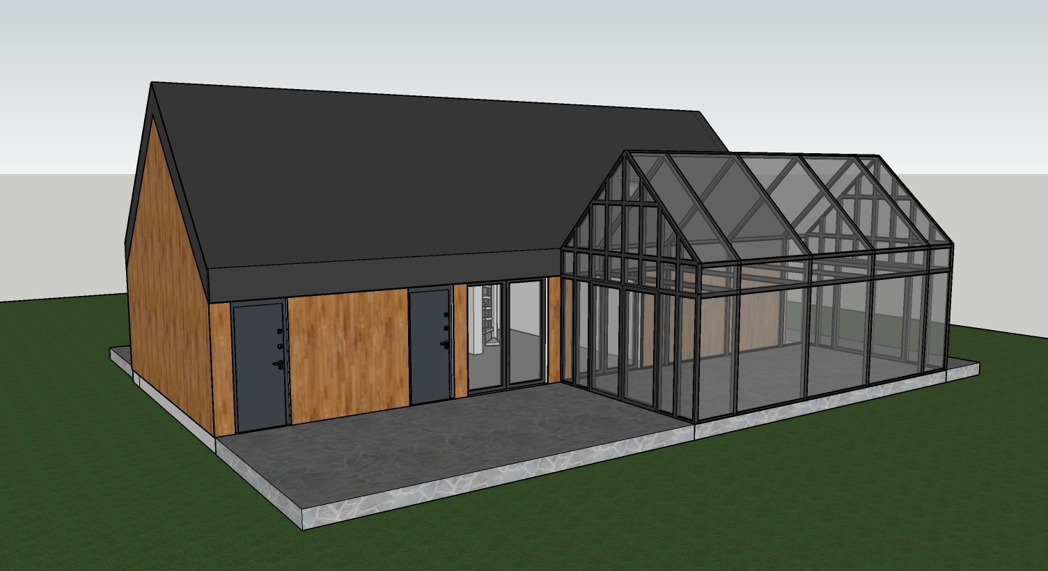 Wizualizacja 3D domu z dobudowaną przeszkloną oranżerią, widok z boku na elewację z drewnianą okładziną i szarymi drzwiami.