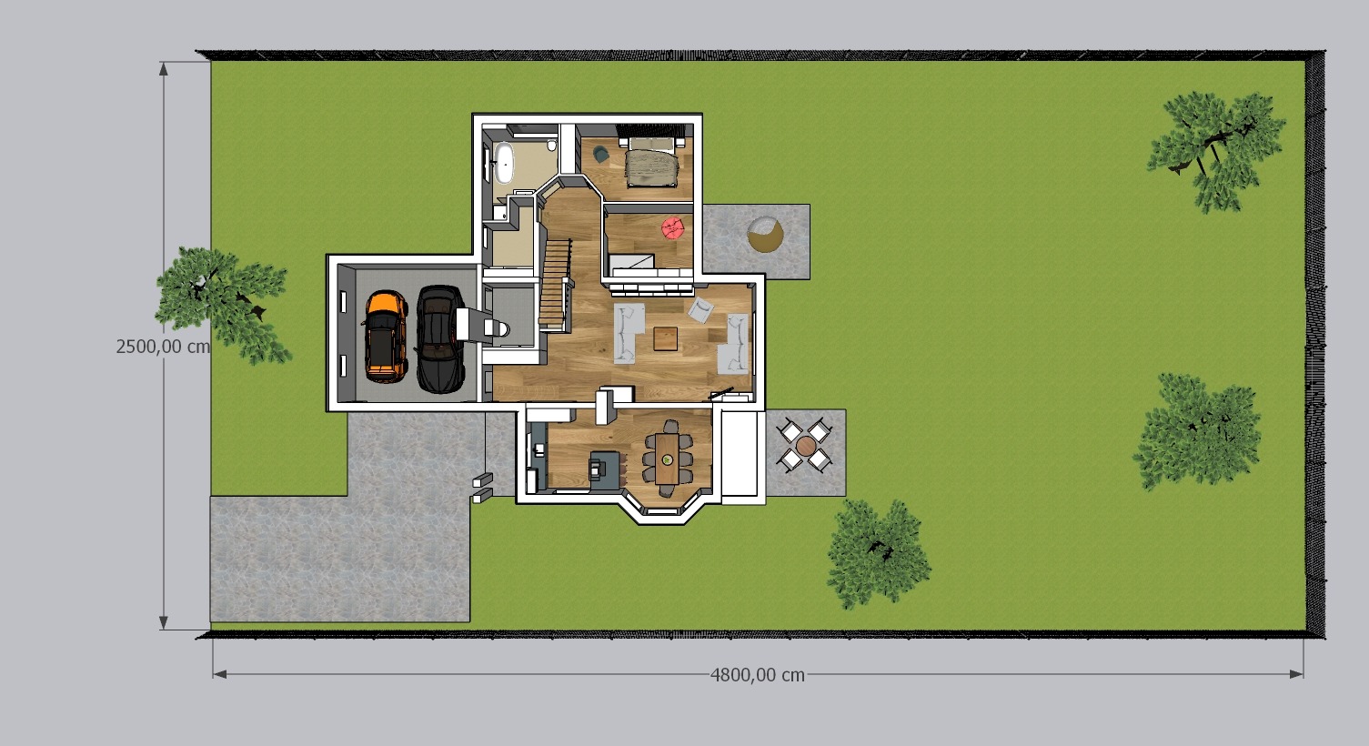 Widok z góry na plan domu z garażem na dwa samochody, ogrodem z drzewami i dwoma tarasami z meblami ogrodowymi, z podanymi wymiarami domu w centymetrach.
