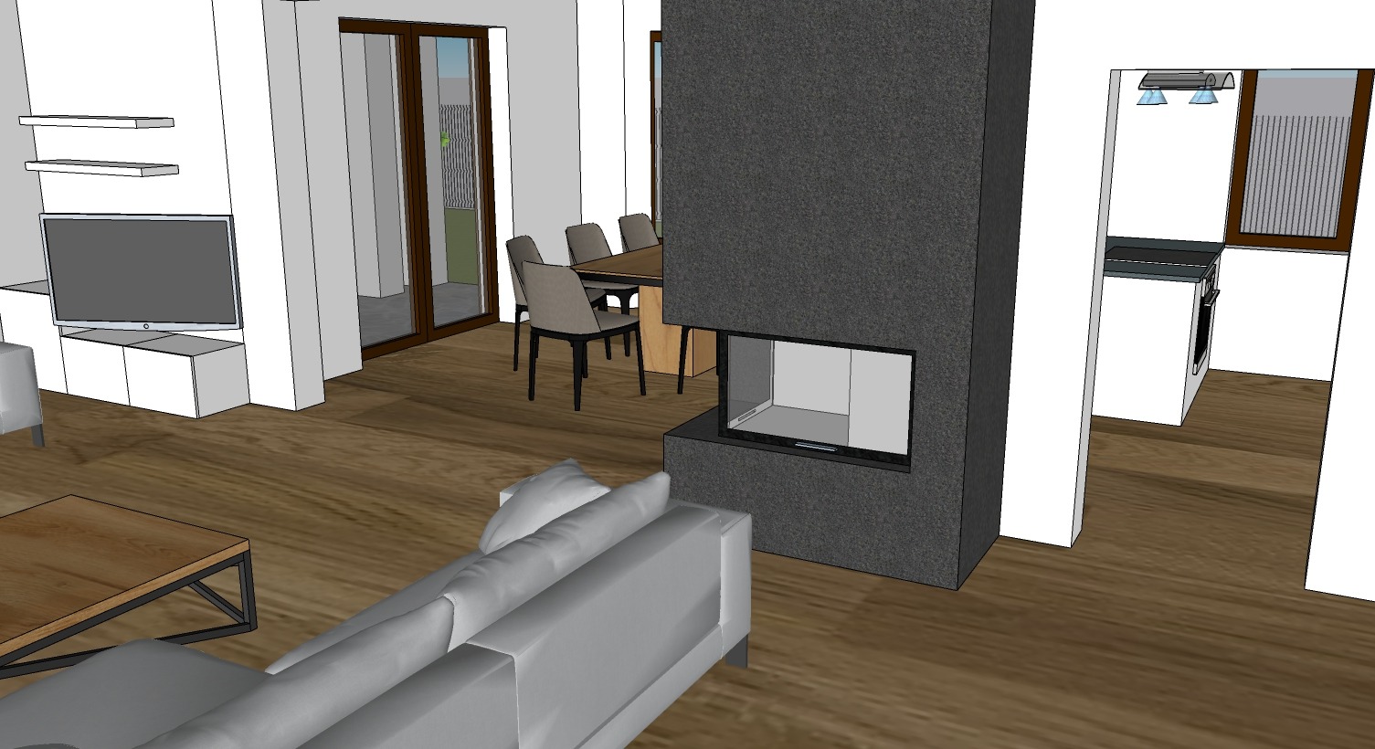 Wizualizacja wnętrza domu z szarym kominkiem, drewnianą podłogą, jasną sofą, telewizorem na ścianie i jadalnią w tle.