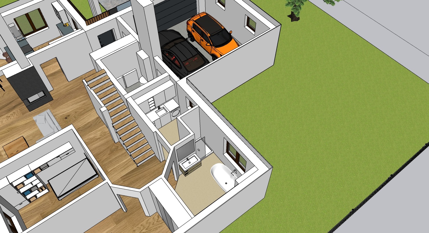 Rzut 3D domu jednorodzinnego z garażem na dwa samochody, widoczne wnętrza: salon z kominkiem, schody, łazienka z wanną, pralka i umywalka. Widok z góry na przekroju, z zaznaczonym ogrodem.