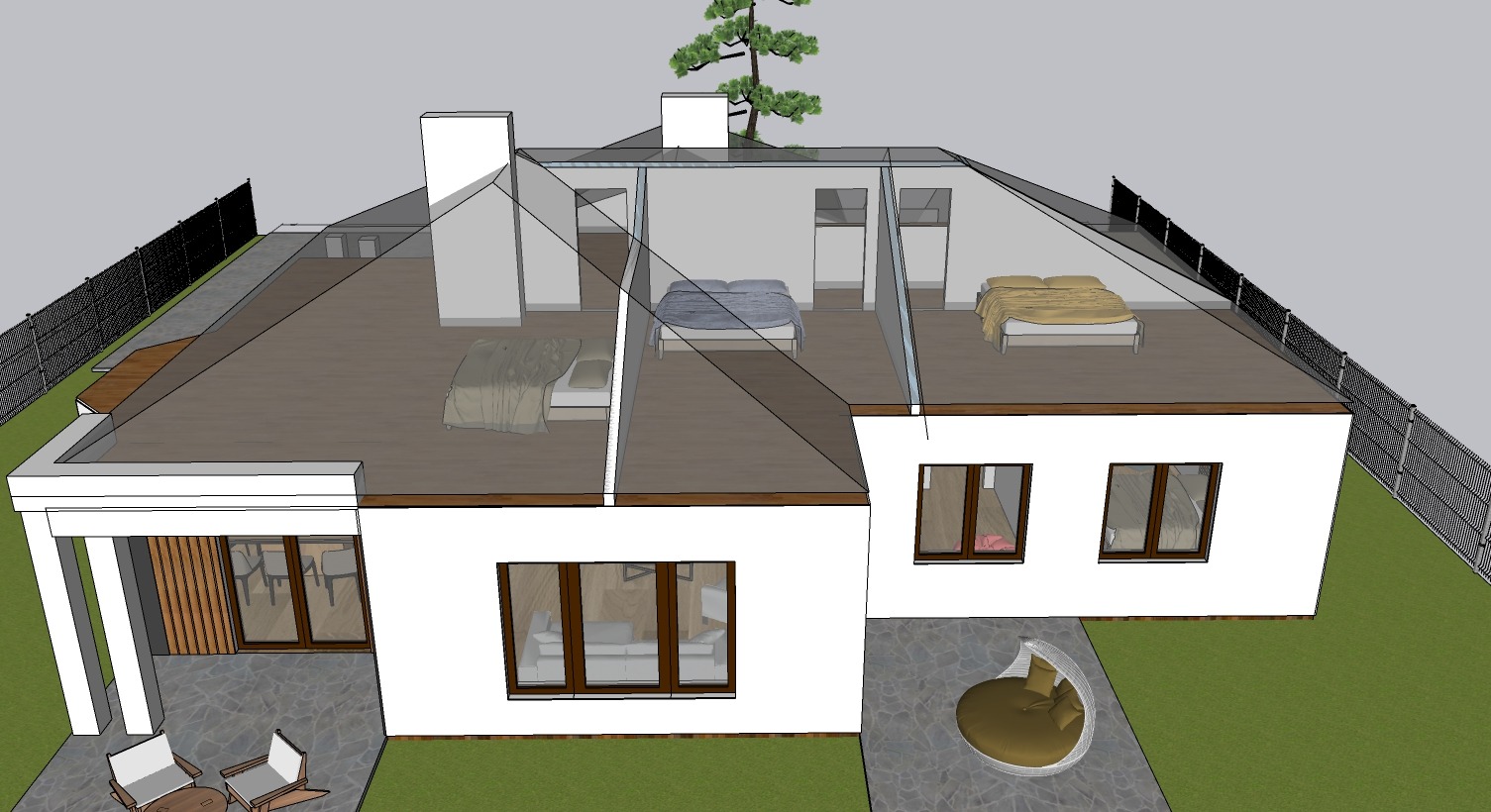 Wizualizacja 3D domu jednorodzinnego z płaskim dachem, ukazująca przekrój przez wnętrza sypialni oraz widok na taras z meblami ogrodowymi i okrągłą leżanką.