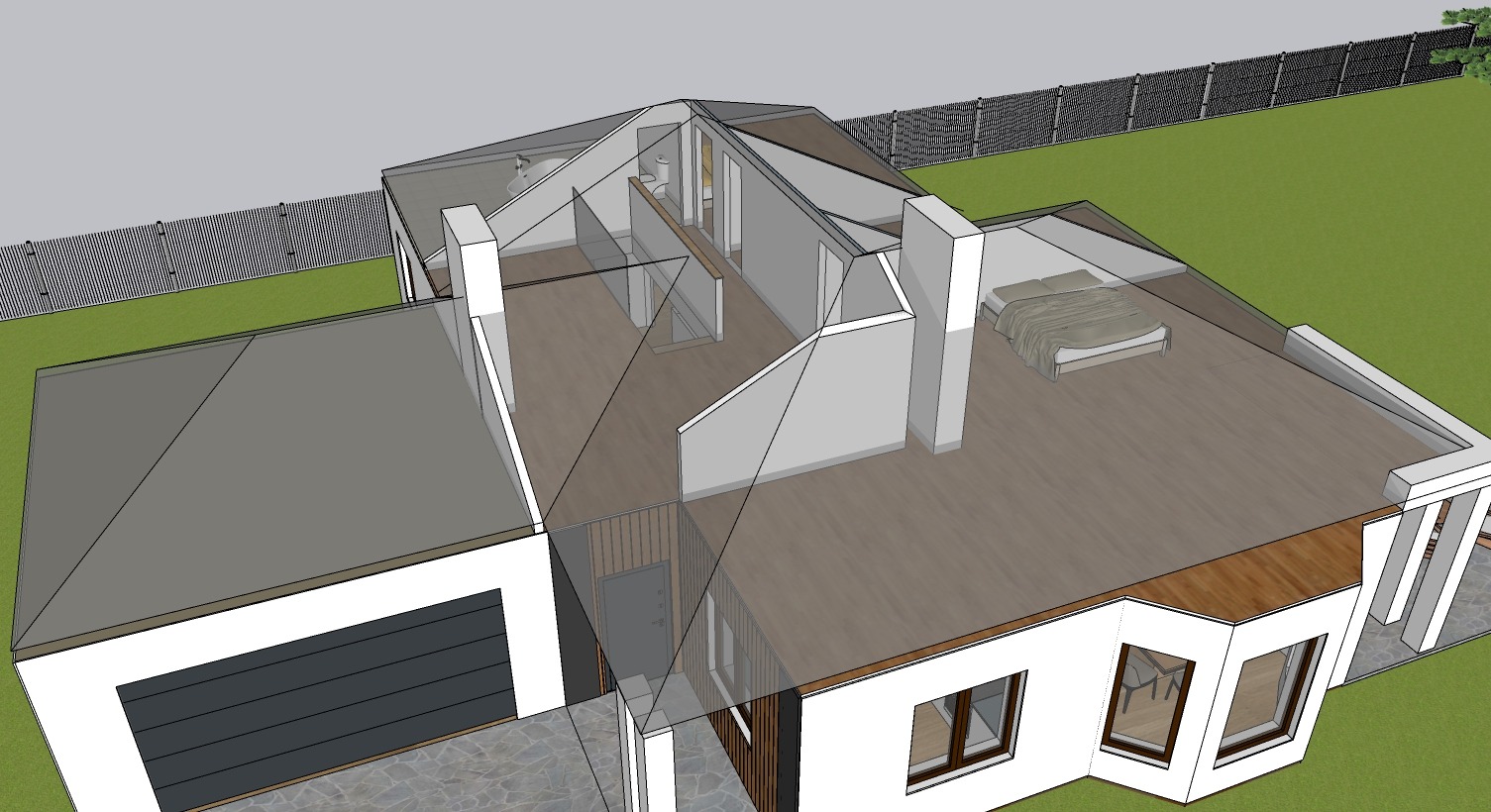 Wizualizacja 3D przekroju domu jednorodzinnego z widocznym garażem, sypialnią z łóżkiem, łazienką i schodami, prezentująca układ pomieszczeń oraz elementy konstrukcyjne.
