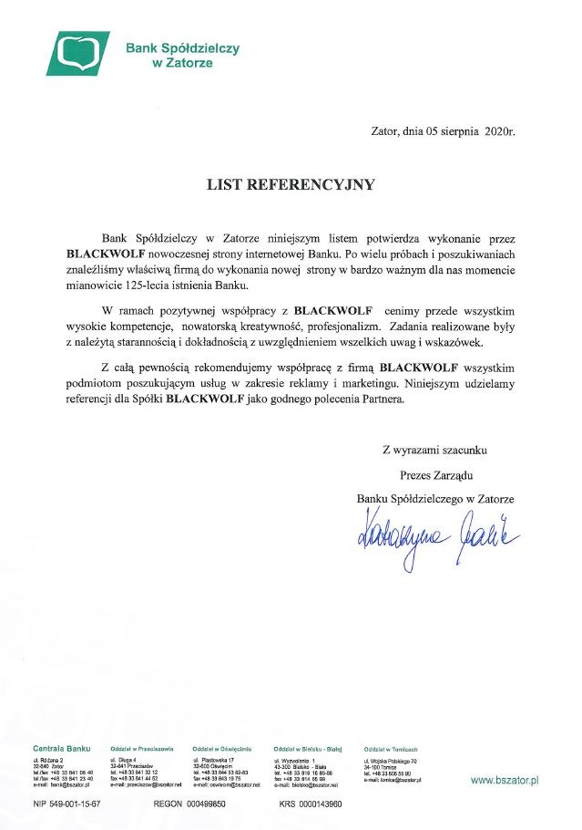 Skan listu referencyjnego od Banku Spółdzielczego w Zatorze dla firmy BLACKWOLF, potwierdzający wykonanie nowoczesnej strony internetowej banku, z datą 5 sierpnia 2020 i podpisem Prezesa Zarządu.