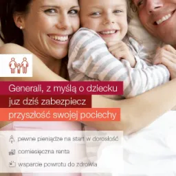 Uśmiechnięta rodzina (matka, ojciec i córka) leżąca razem w łóżku, prezentacja oferty z logo Generali dotyczącej zabezpieczenia przyszłości dziecka.