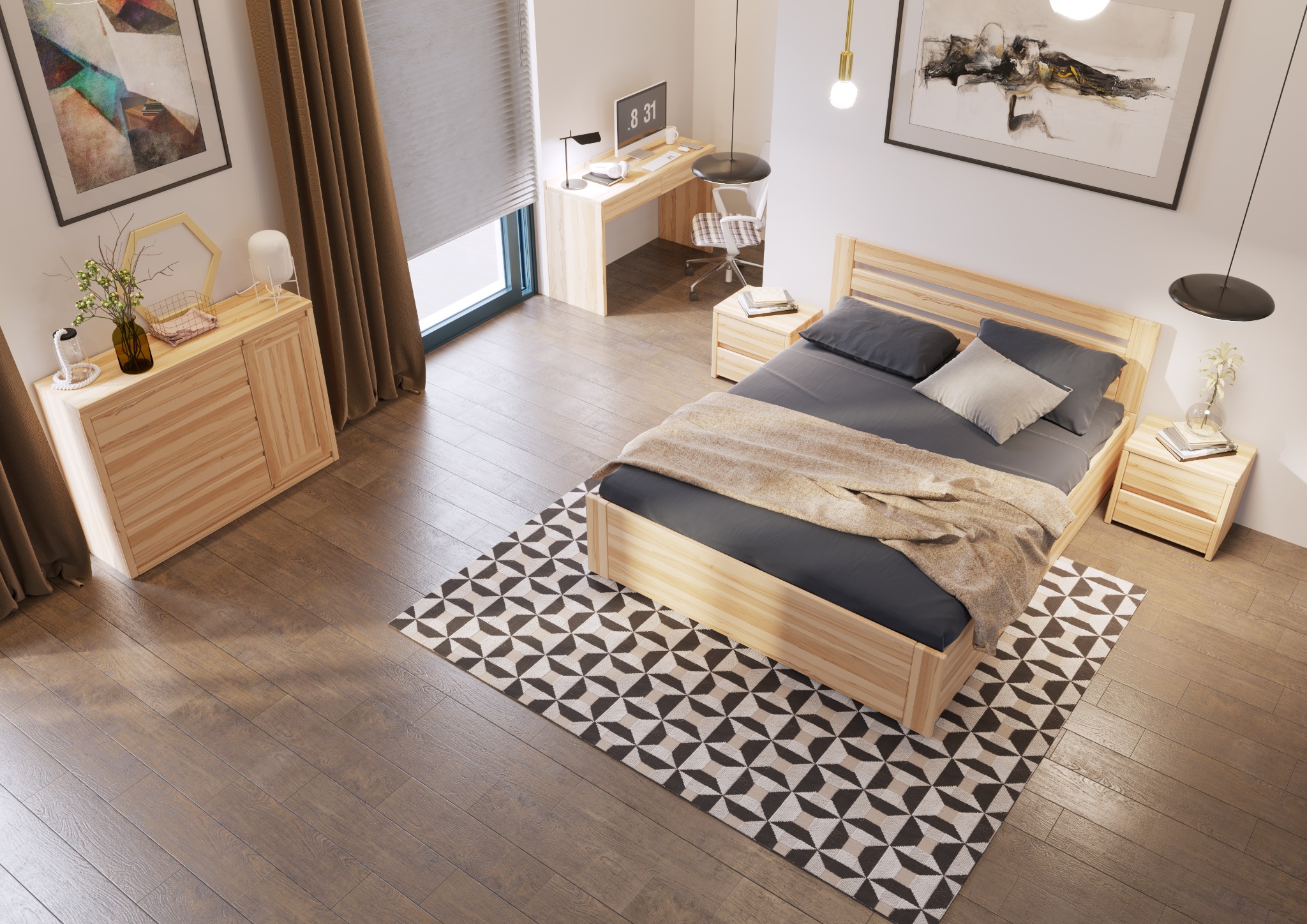 Jasne drewniane meble w sypialni: łóżko z szarą pościelą, szafka nocna z książkami, komoda z dekoracjami, biurko z komputerem, wzorzysty dywan i drewniana podłoga.