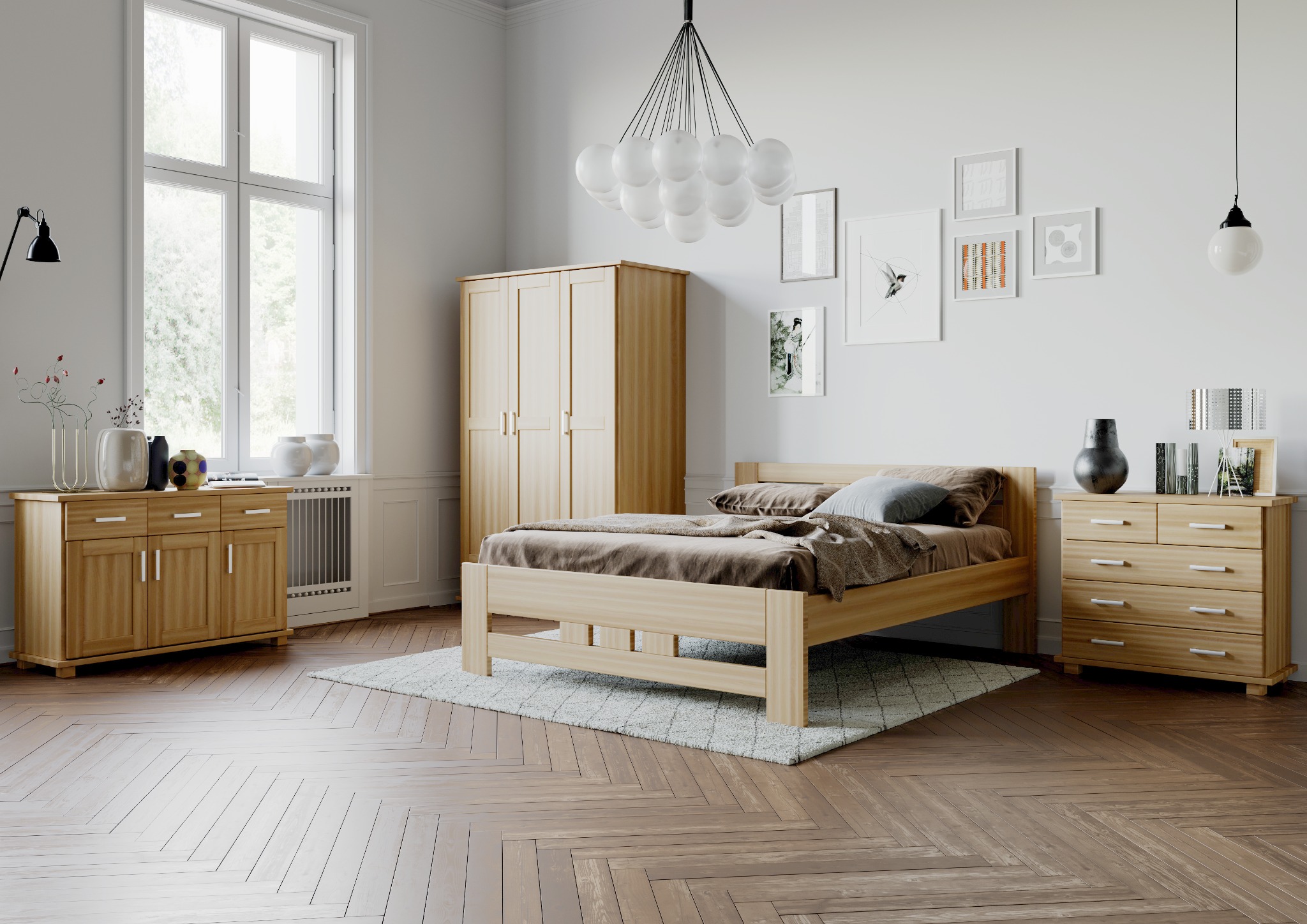 Jasne drewniane meble do sypialni: łóżko, szafa dwudrzwiowa i komody, uzupełnione o dywanik i dekoracje ścienne w przestronnym, jasnym wnętrzu.