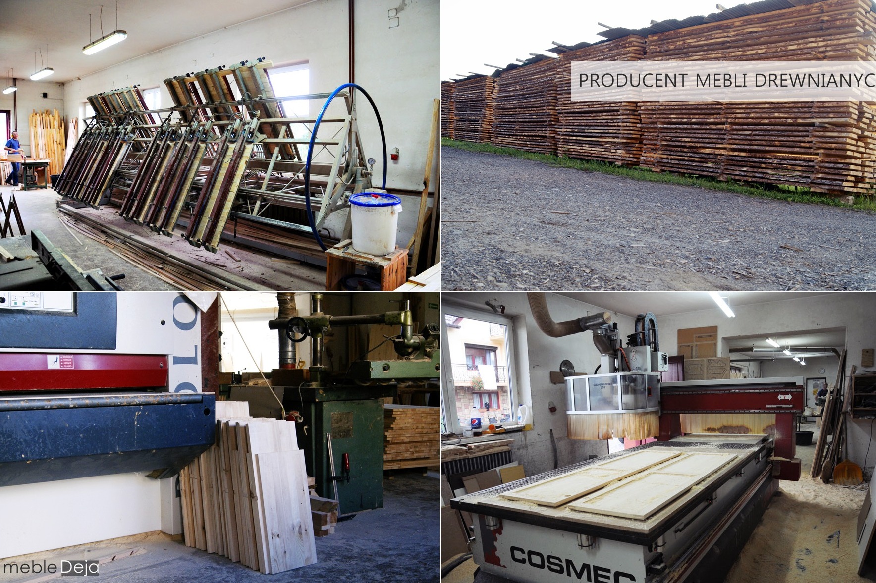 Warsztat stolarski: rzędy ram z drewnianymi elementami w suszarni, sterta desek na zewnątrz, obrabiarka do drewna z ułożonymi deskami oraz frezarka CNC z dwoma panelami na stole roboczym.