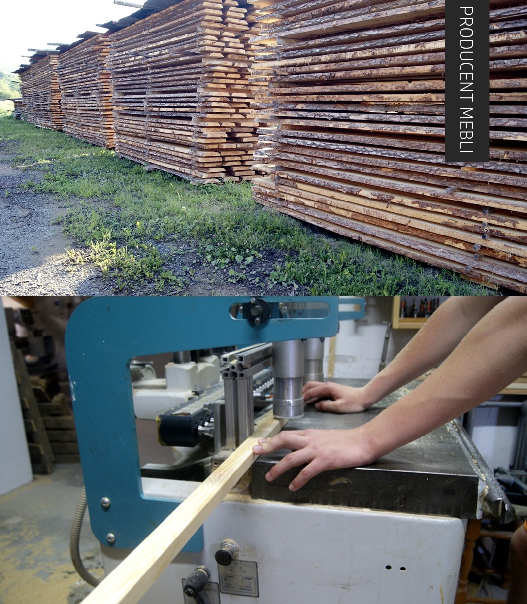 Składowane deski na zewnątrz oraz obróbka drewna na maszynie stolarskiej w warsztacie.