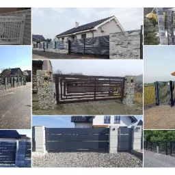 Kompozycja zdjęć różnych typów ogrodzeń i bram: biała brama z ozdobnym wzorem, szare ogrodzenie z betonowymi słupkami, brązowa brama z kamiennymi słupkami wypełnionymi otoczakami, szara brama...