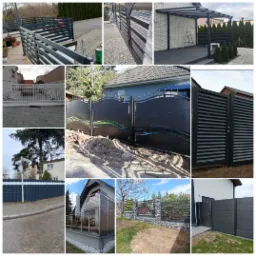 Zestawienie zdjęć różnych typów ogrodzeń i balustrad: panelowe, metalowe, kute, nierdzewne, szklane, z elementami gabionowymi, w tym ogrodzenie w trakcie montażu na nierównym terenie.