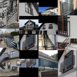 Kompozycja różnych ujęć balustrad balkonowych i schodowych, z przewagą konstrukcji metalowych o prostych liniach i geometrycznych wzorach, zamontowanych przy budynkach mieszkalnych.