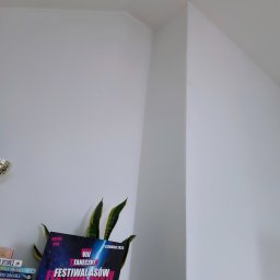 Regips - Biała ściana z narożnikiem, częściowo zasłonięta przez plakat tanecznego festiwalu, roślinę doniczkową i stos książek. Minimalistyczne wnętrze.