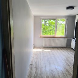 Regips - Jasne wnętrze po remoncie: gładkie, szare ściany, panele podłogowe imitujące drewno i okno z widokiem na zieleń. Minimalistyczny design i świeżość.