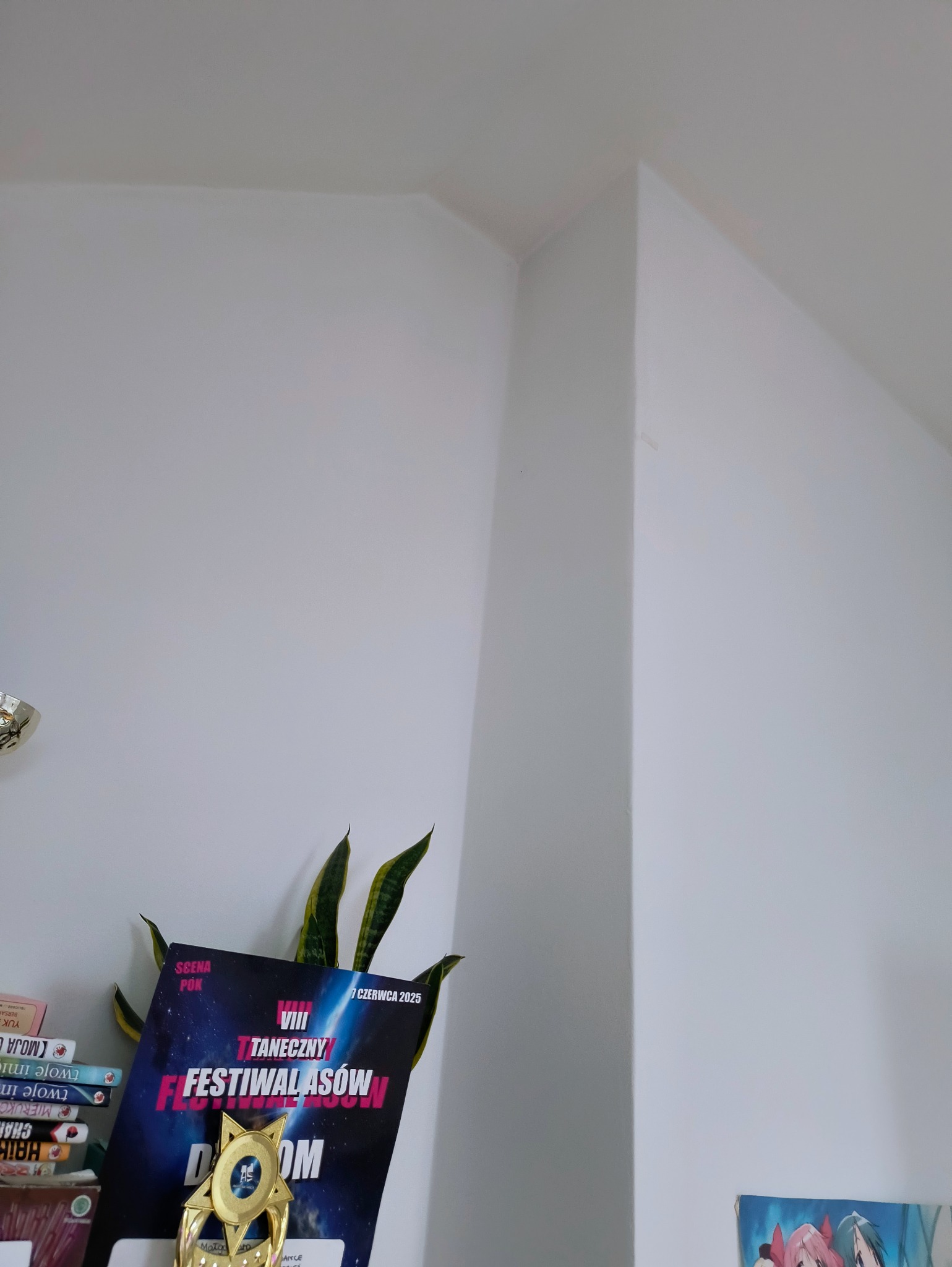 Biała ściana z narożnikiem, częściowo zasłonięta przez plakat tanecznego festiwalu, roślinę doniczkową i stos książek. Minimalistyczne wnętrze.