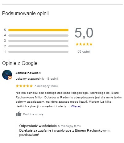 Podsumowanie opinii googla- zaufoło nam już wielu klientów!