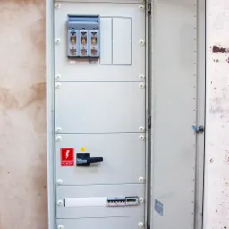 Otwarta skrzynka elektryczna z bezpiecznikami, wyłącznikiem głównym i listwą zaciskową zamontowana na ścianie, widoczne kable wchodzące do skrzynki.