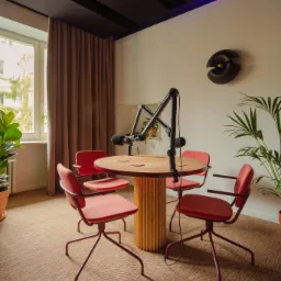 Wnętrze studia nagraniowego z okrągłym stołem z blatem z płyty OSB i podstawą z pionowych listewek, otoczonego czterema czerwonymi krzesłami na metalowych nogach, z mikrofonami na wysięgnikach...