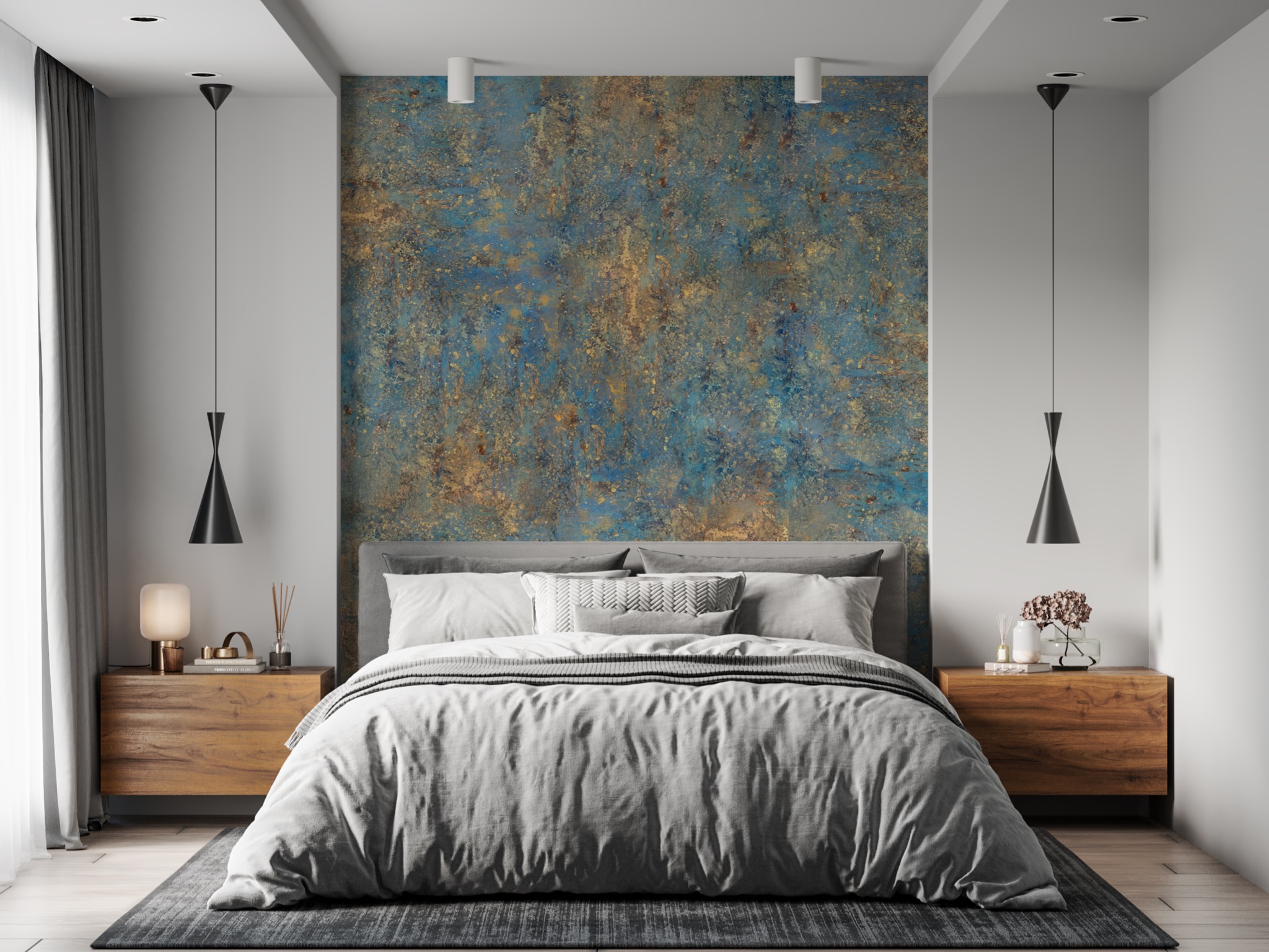 Nowoczesna sypialnia z łóżkiem, drewnianymi szafkami nocnymi i dekoracyjną ścianą w odcieniach niebieskiego i złota.