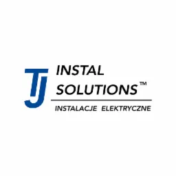 Logo firmy TJ Instal Solutions z niebieskim symbolem graficznym po lewej i czarnym napisem 'INSTAL SOLUTIONS' powyżej 'INSTALACJE ELEKTRYCZNE'.